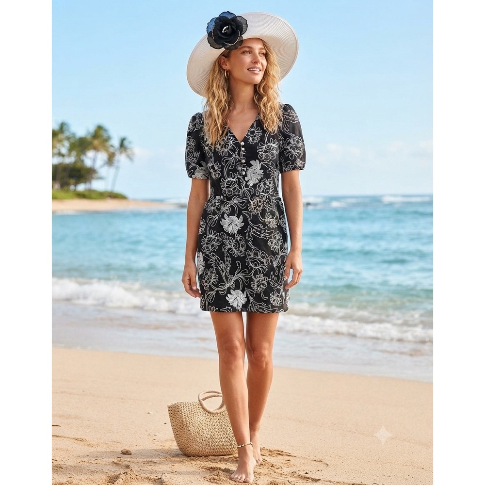 Loft Black White Floral tropical Embroidered short Sleeve Mini‎ Dress Petite-S